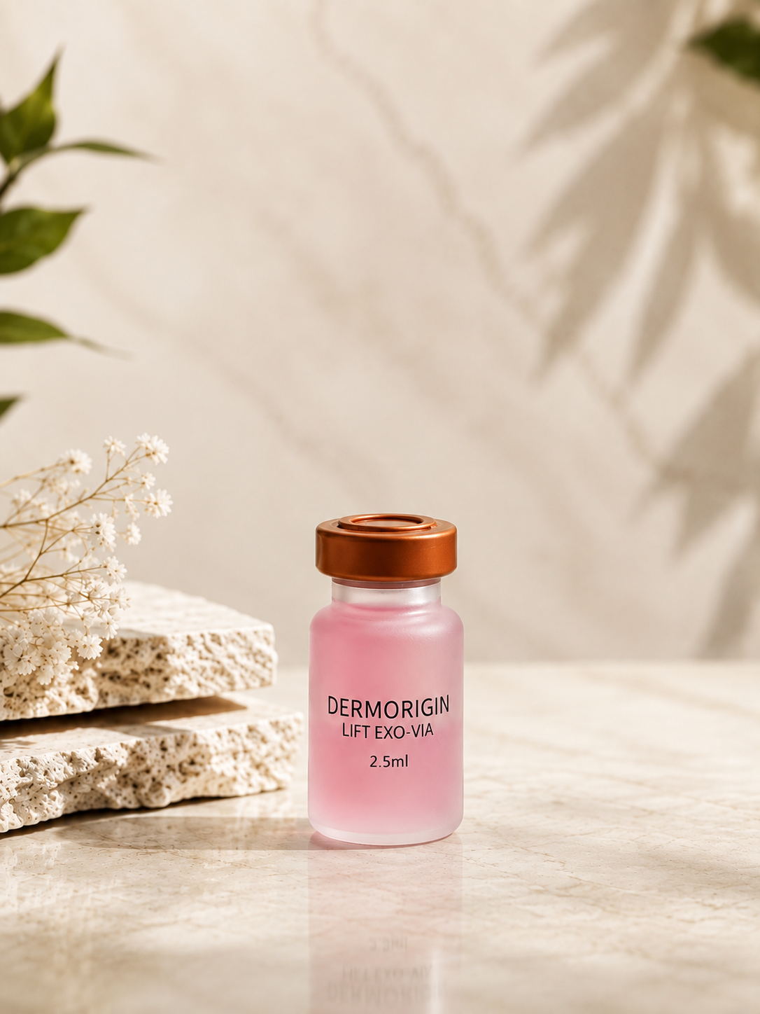 DERMORIGIN Lift Exo-Via 2.5ml vial on marble with dried flowers
