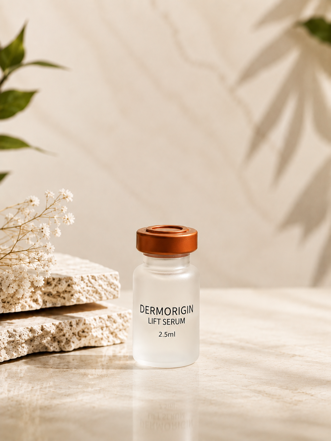 DERMORIGIN Lift Serum 2.5ml vial on marble with dried flowers