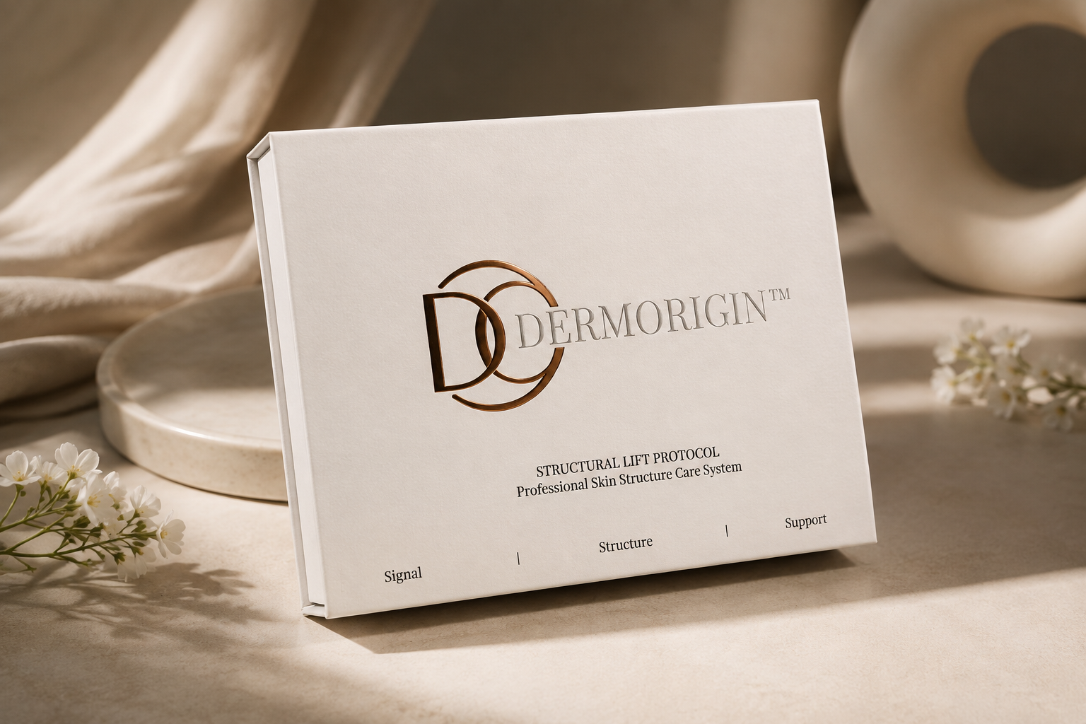 DERMORIGIN Structural Lift Protocol kit open, showing the Lift Exo-Via, Lift Serum, and Lift Cream three-step system