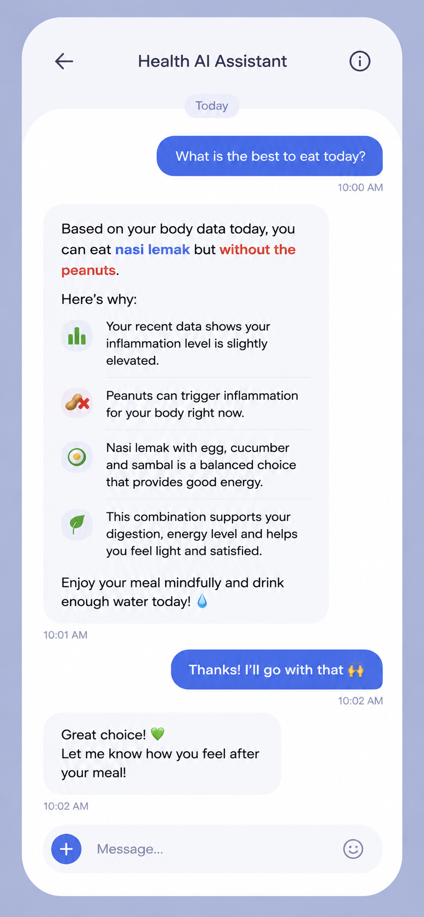 D.O., the LifeRing AI Health Assistant, recommending nasi lemak without peanuts in a chat interface, based on the user's body data