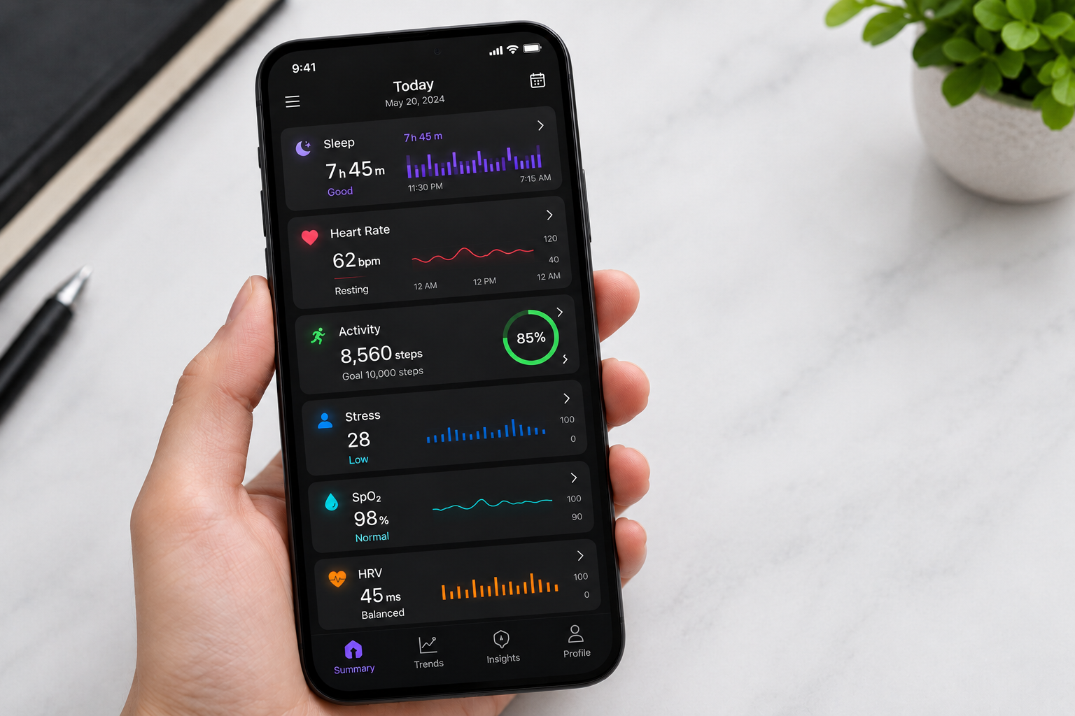 LifeRing companion app summary screen showing sleep, heart rate, activity, stress, SpO2 and HRV for the day