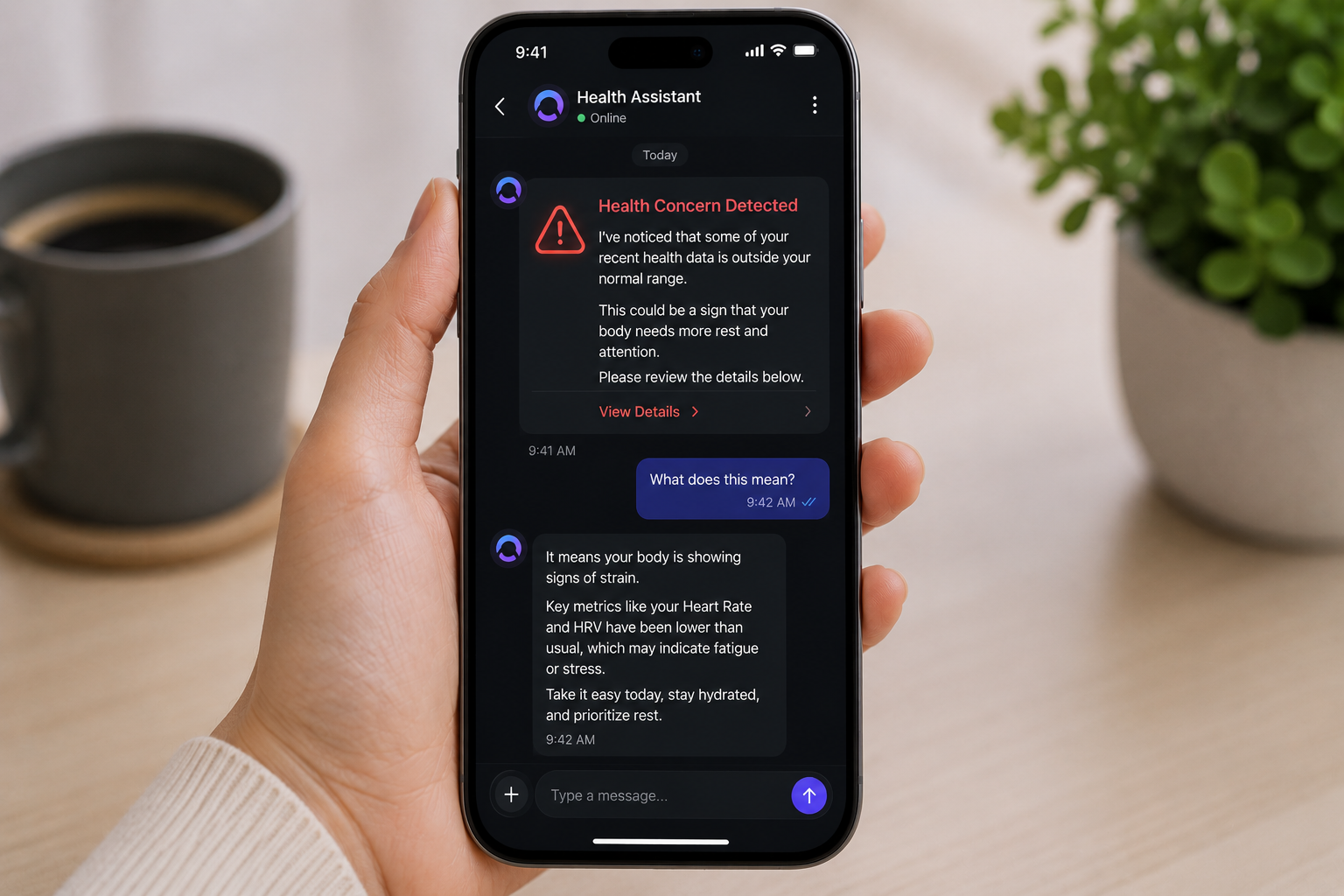 lifering.ai health assistant chat explaining a detected health concern in plain language