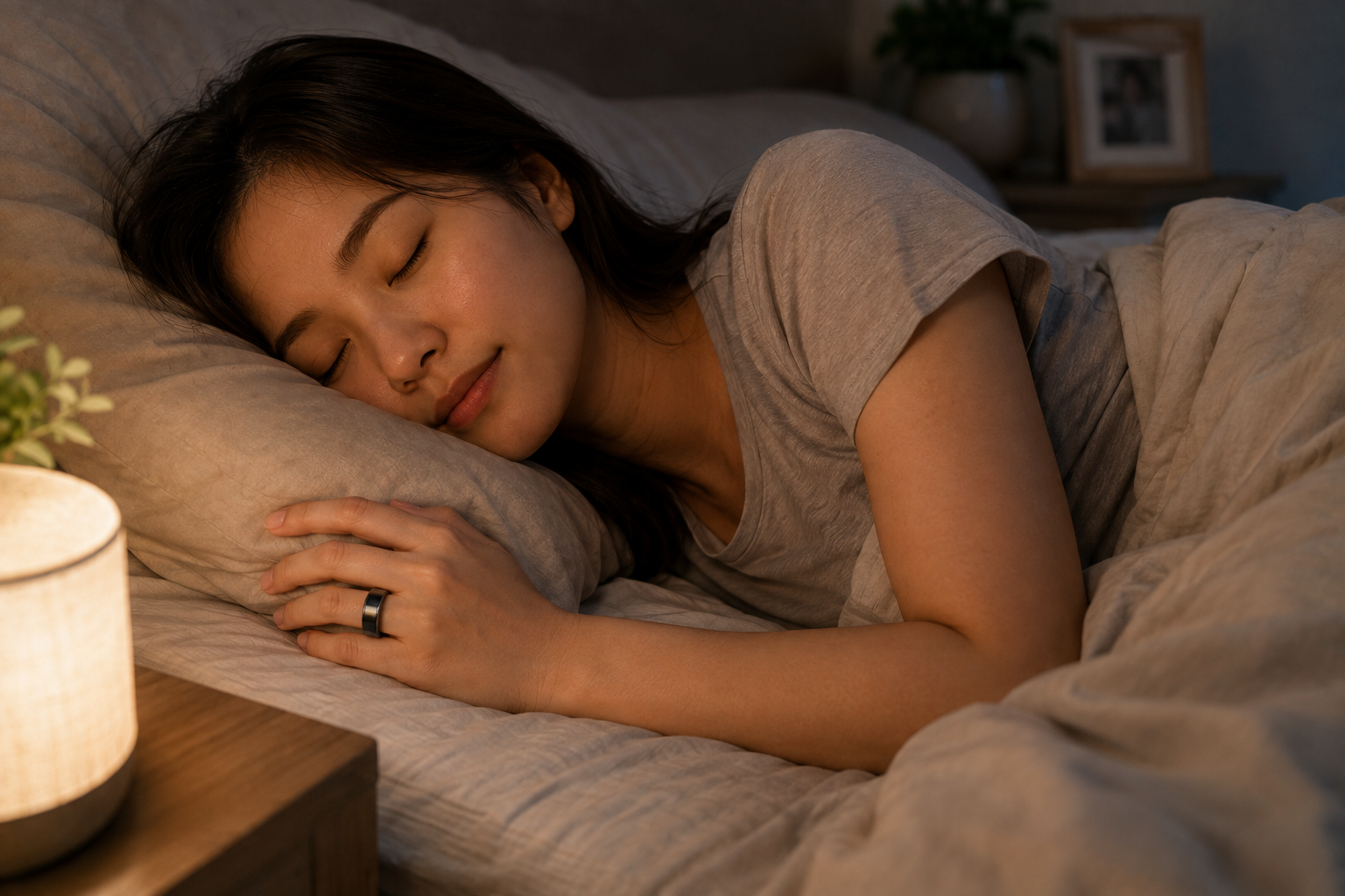 Woman sleeping peacefully at night wearing LifeRing, resting on her hand
